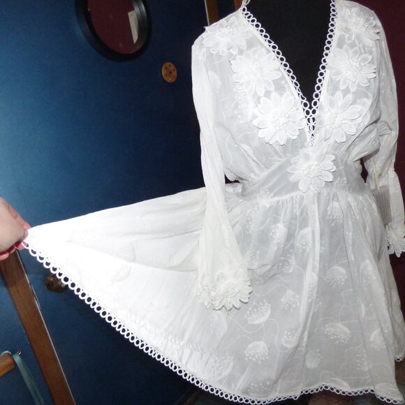 GOTH BOHO HIPPY WEDDING WHITE FLORAL WOVED LONG SLEEVED MINI SKATER DRESS XL - Picture 3 of 16